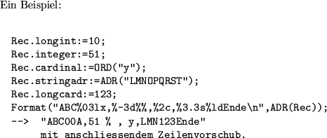 \begin{example}
\noindent
Zum Beispiel findet ein Programm ,,Demo\lq\lq  in der Ikone...
...ON:0/0/640/200/Demo-Window\end{verbatim}\noindent
ge\uml {o}ffnet.
\end{example}